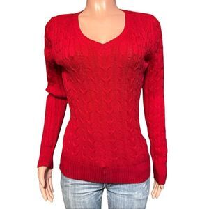 St John bay Womens V Neck Long Sleeve Cable Knit Pullover Sweater S